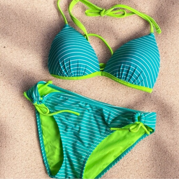 HULA HONEY💫Teal/Neon Yellow Striped 2 Piece String Bikini - Picture 1 of 12